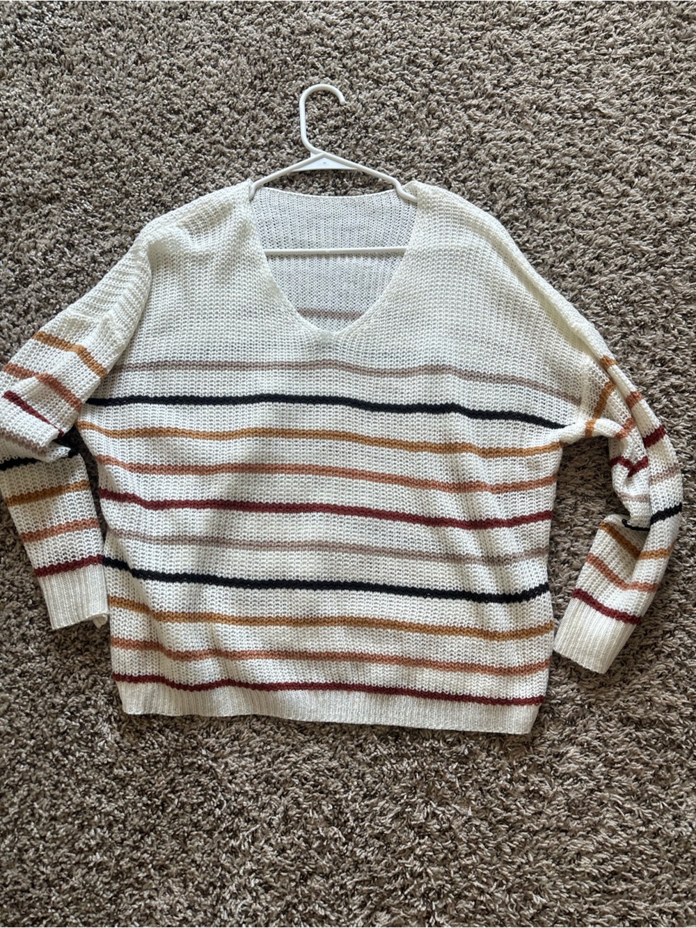 Cream V-Neck Sweater with Multicolor Stripes